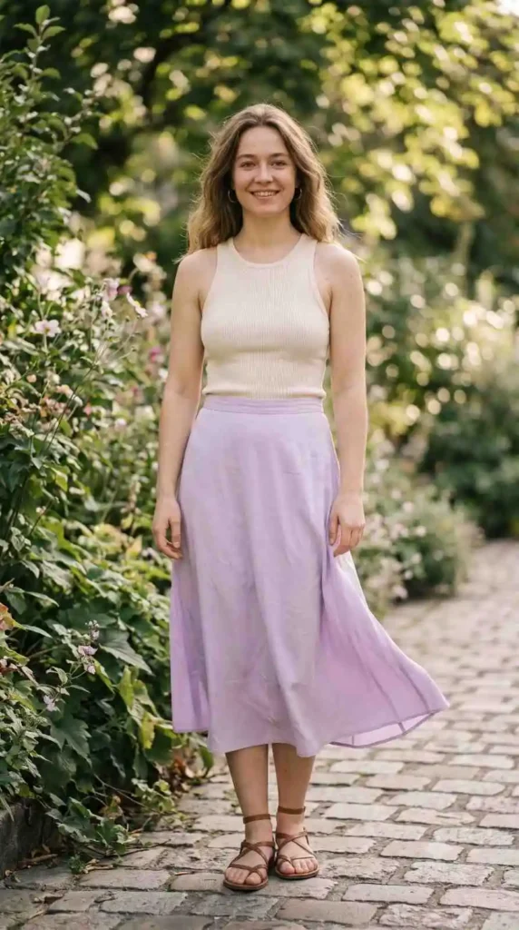 midi skirt tucked top casual chic outfit