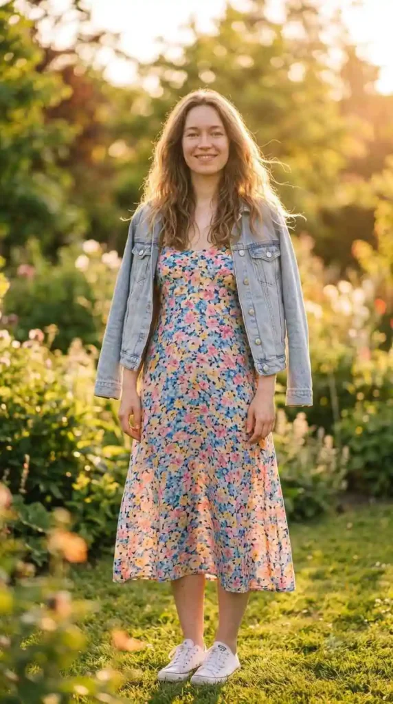 denim jacket sundress casual outfit idea