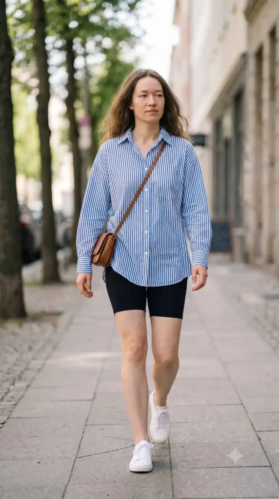 oversized shirt bike shorts casual look