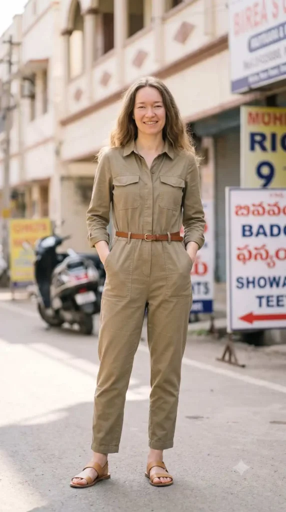 neutral jumpsuit effortless casual outfit