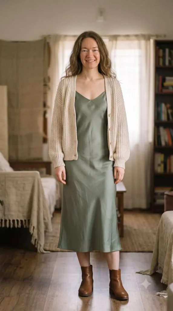 cardigan slip dress layered outfit idea